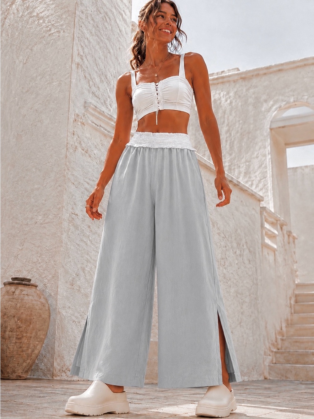 Organic Linen Cotton Wide Leg Side Slit Palazzo Pants Gray Boho Elastic Waist SM